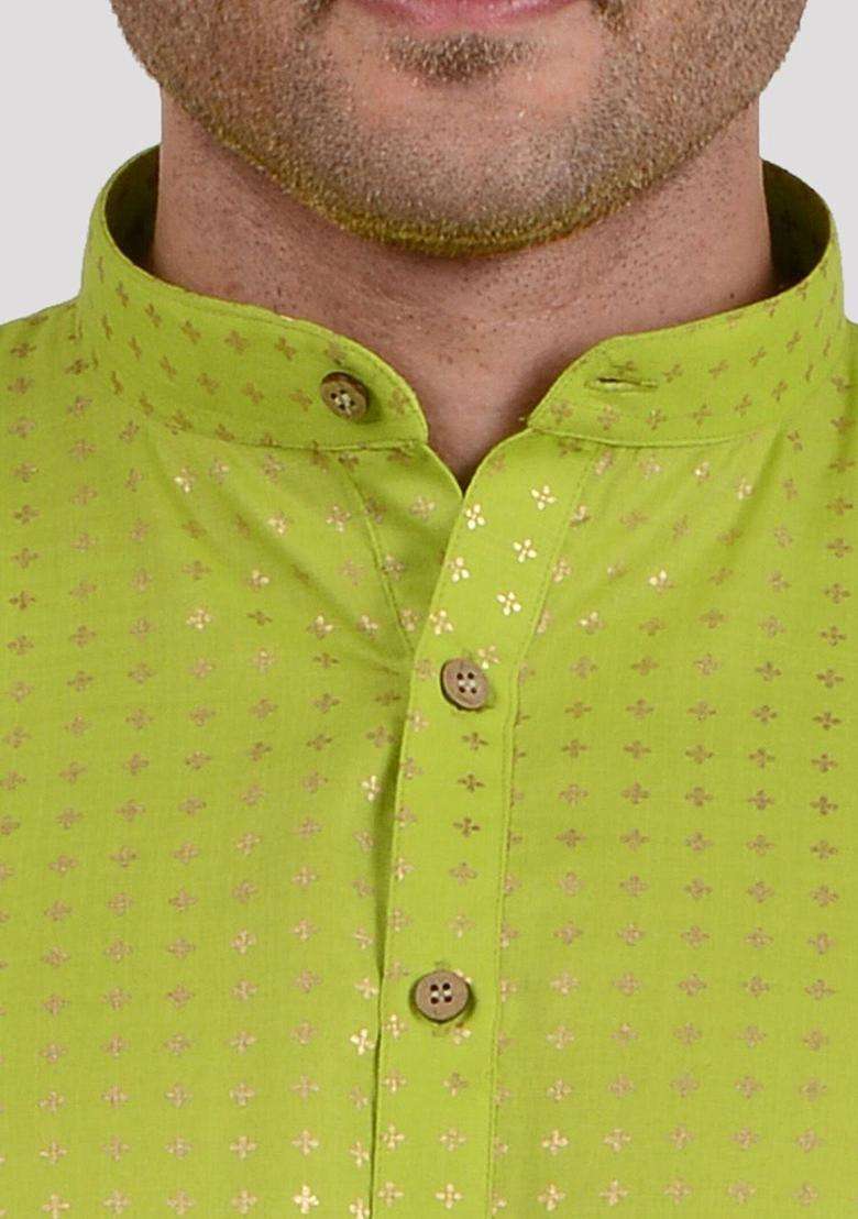 Green Printed Viscose Kurta Set For Men - Indya