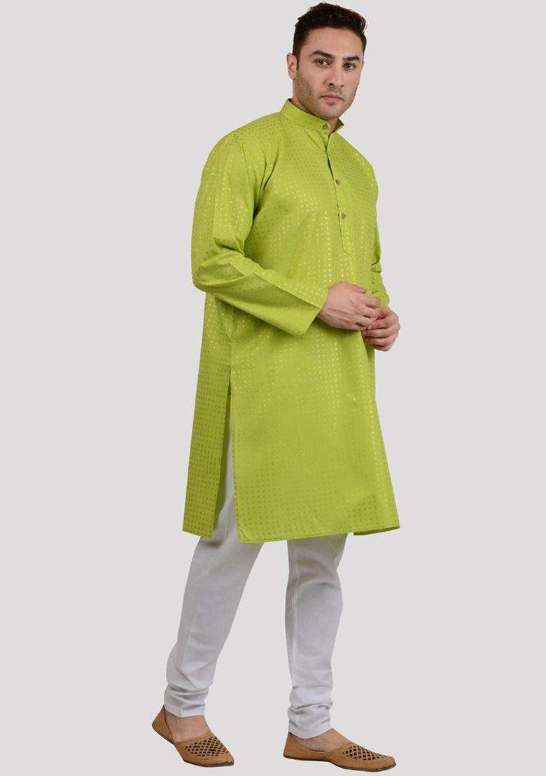 Green Printed Viscose Kurta Set For Men - Indya