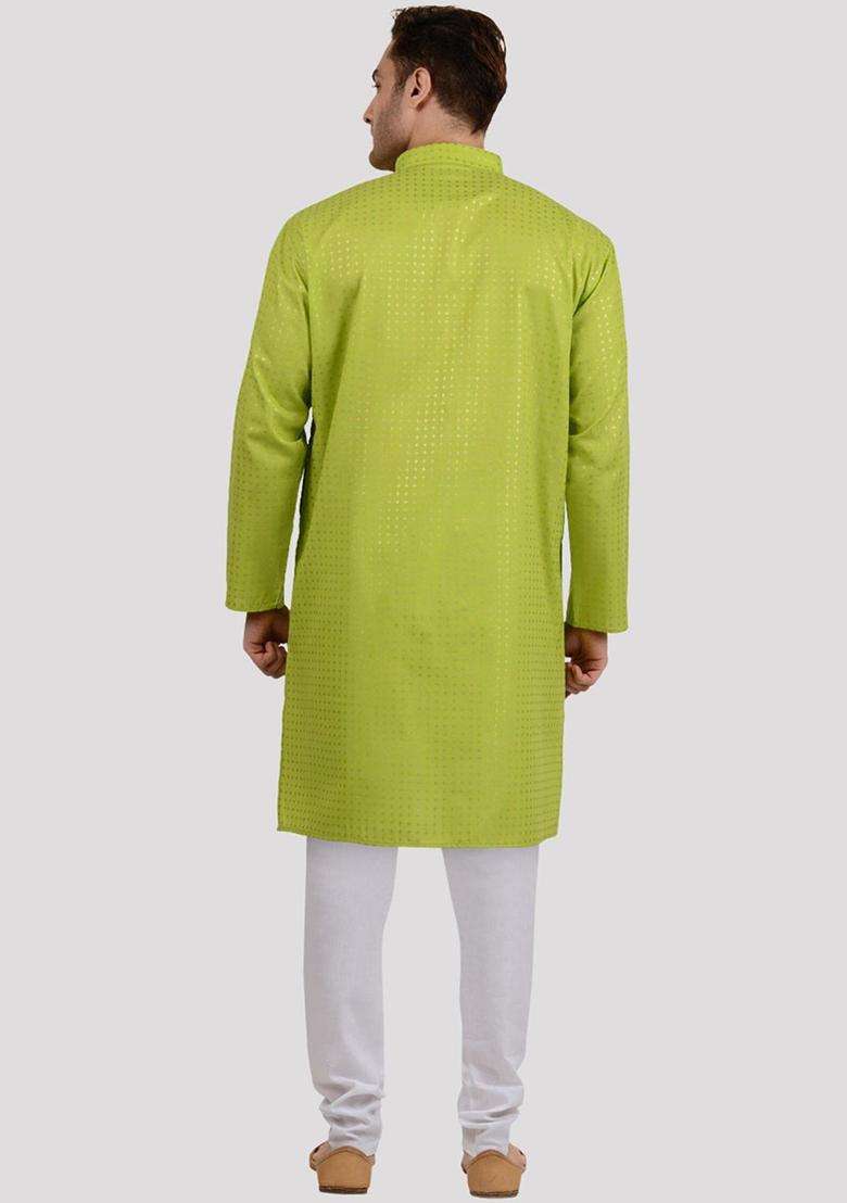 Green Printed Viscose Kurta Set For Men - Indya
