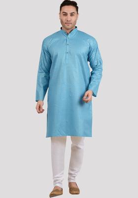 Blue Woven Design Viscose Kurta Set For Men