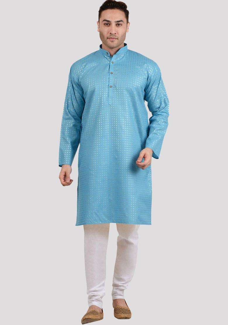 Blue Woven Design Viscose Kurta Set For Men - Indya