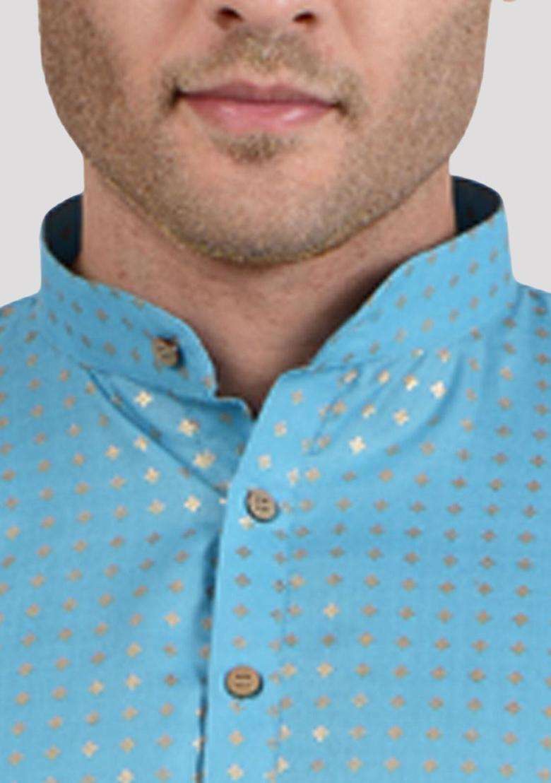 Blue Woven Design Viscose Kurta Set For Men - Indya