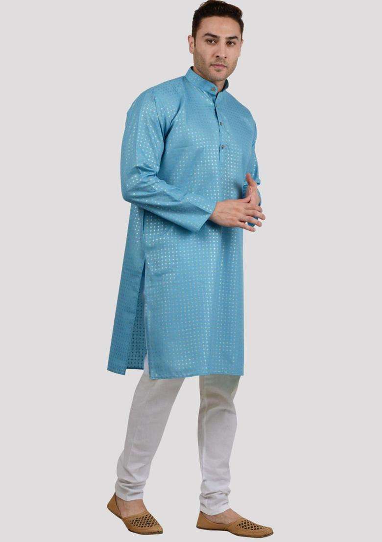 Blue Woven Design Viscose Kurta Set For Men - Indya