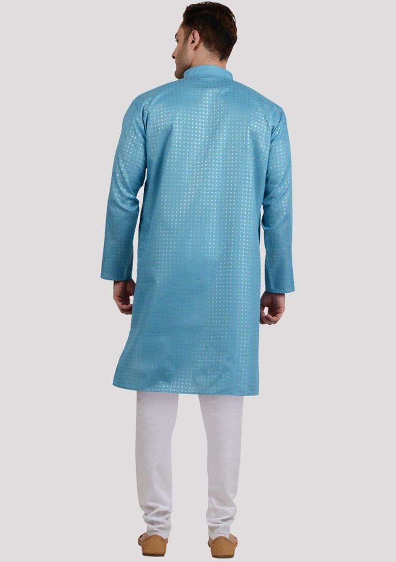 Blue Woven Design Viscose Kurta Set For Men - Indya