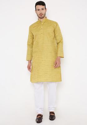 Green Solid Silk Kurta Set For Men