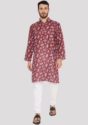 Maroon Printed Linen Kurta Set For Men