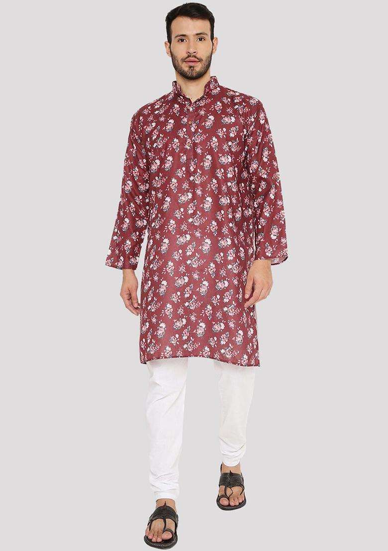 Maroon Printed Linen Kurta Set For Men - Indya