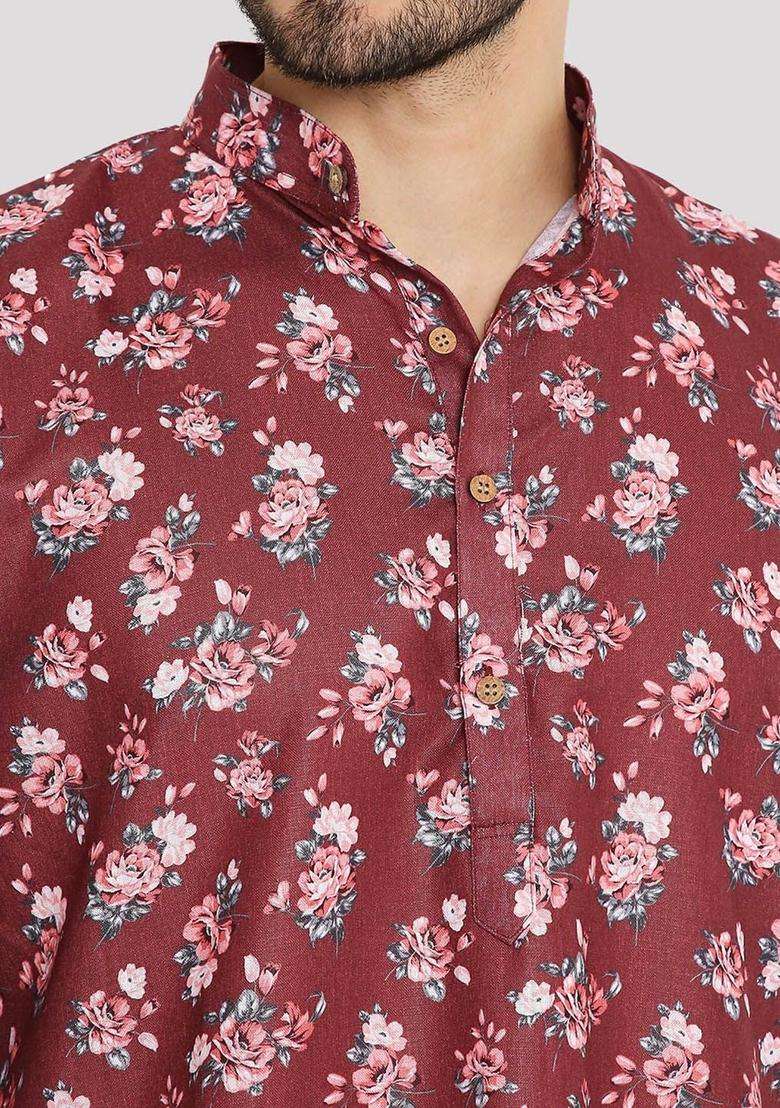 Maroon Printed Linen Kurta Set For Men - Indya