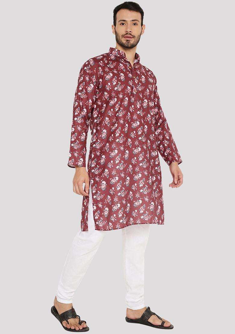 Maroon Printed Linen Kurta Set For Men - Indya