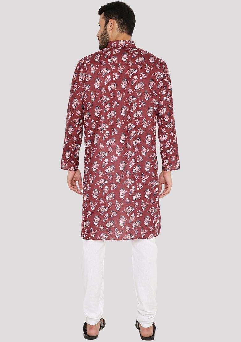 Maroon Printed Linen Kurta Set For Men - Indya