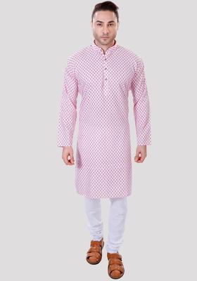 Pink Printed Cotton Kurta Set For Men