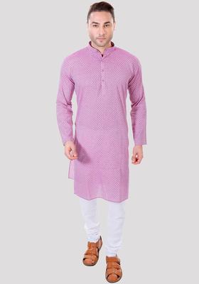 Purple Printed Cotton Kurta Set For Men