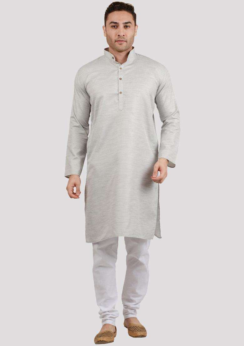 Silver Solid Cotton Kurta Set For Men - Indya