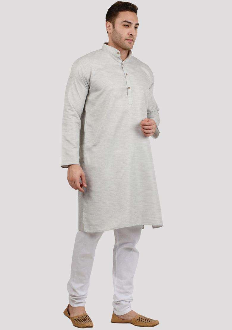Silver Solid Cotton Kurta Set For Men - Indya