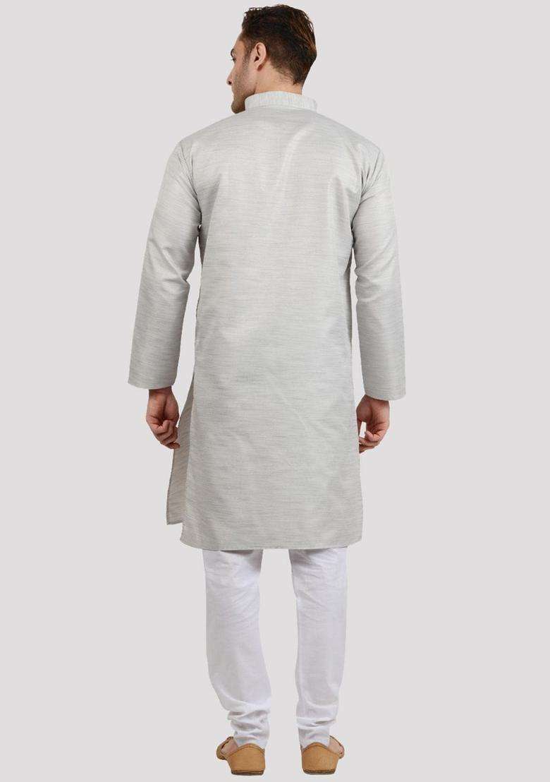 Silver Solid Cotton Kurta Set For Men - Indya