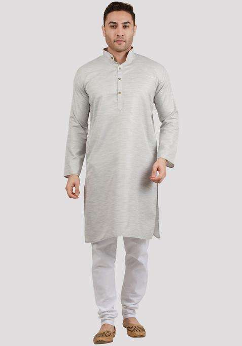 Silver Solid Cotton Kurta Set For Men