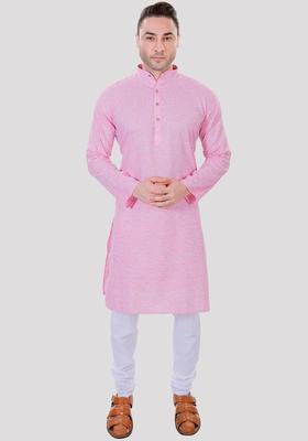 Pink Solid Linen Kurta Set For Men