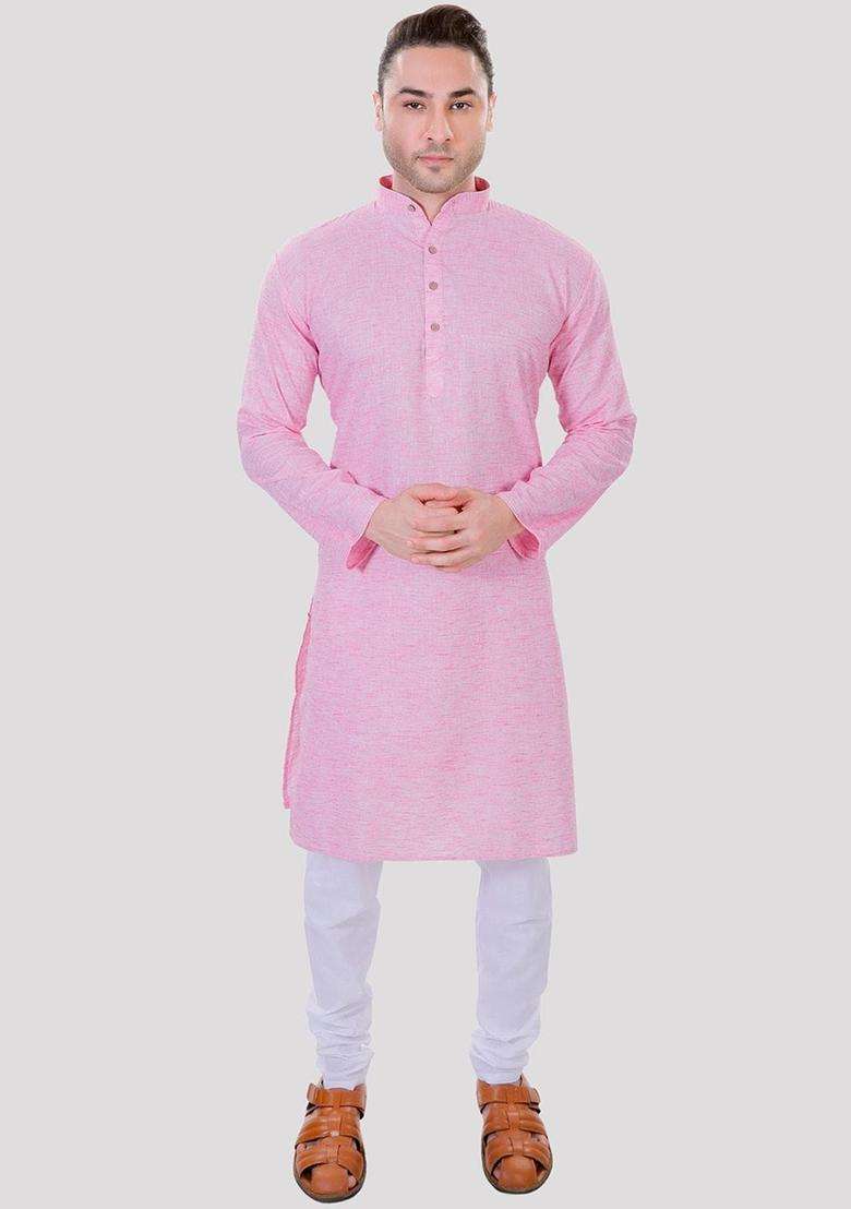 Pink Solid Linen Kurta Set For Men - Indya