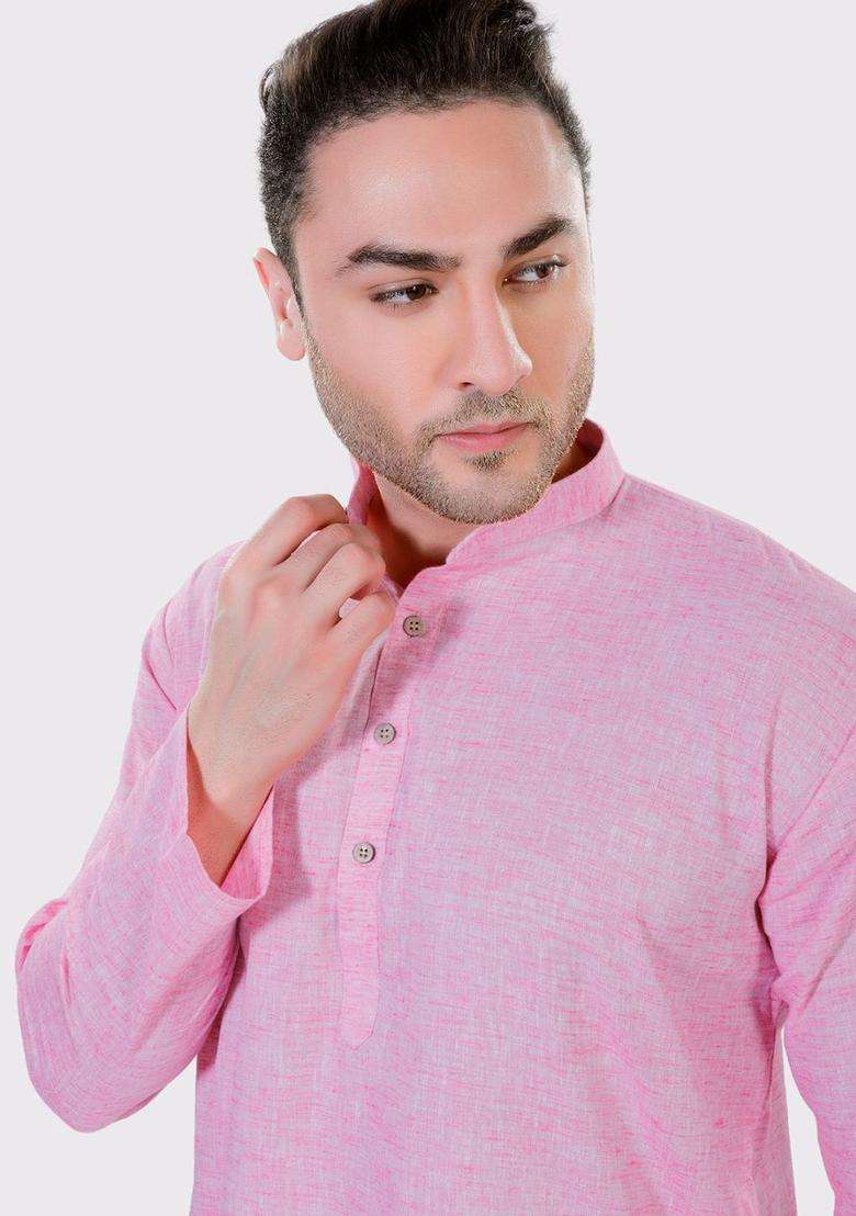 Pink Solid Linen Kurta Set For Men - Indya