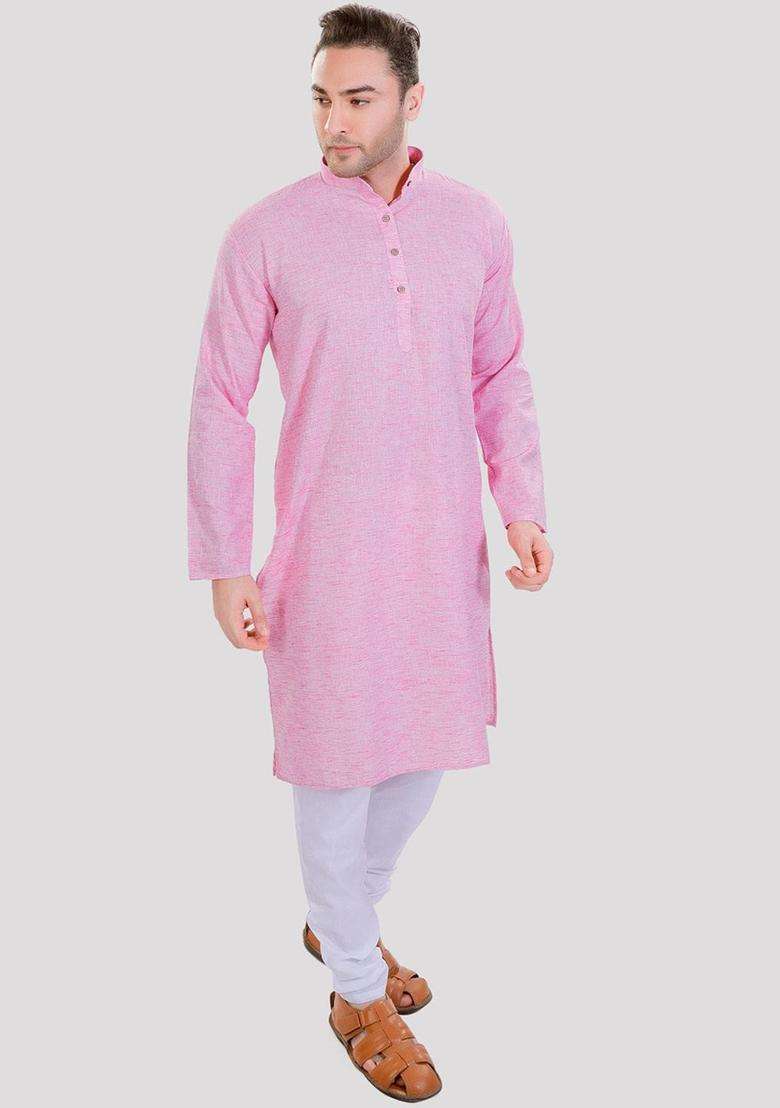 Pink Solid Linen Kurta Set For Men - Indya