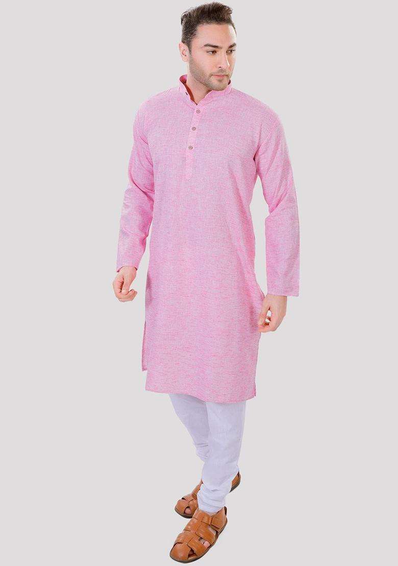 Pink Solid Linen Kurta Set For Men - Indya