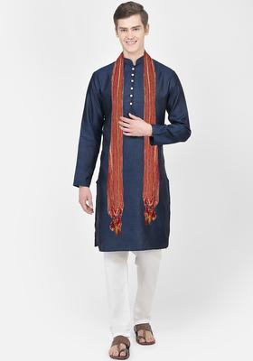 Navy Blue Woven Design Silk Kurta Set For Men