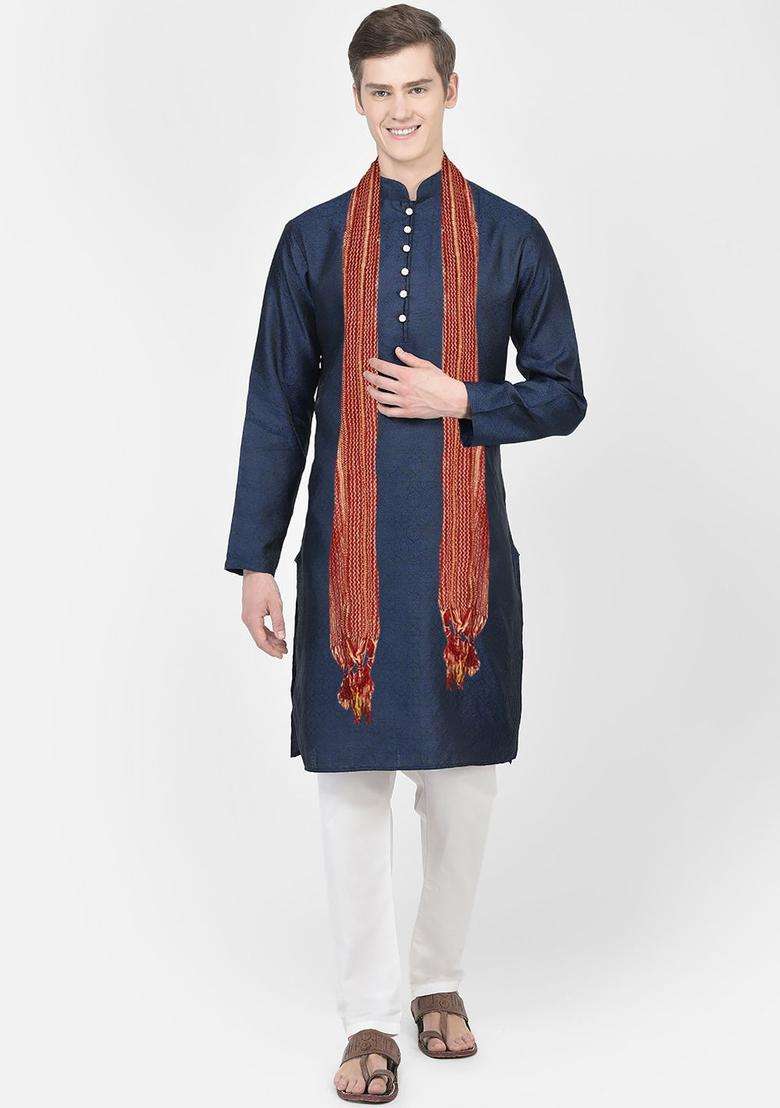 Navy Blue Woven Design Silk Blend Kurta Set For Men - Indya