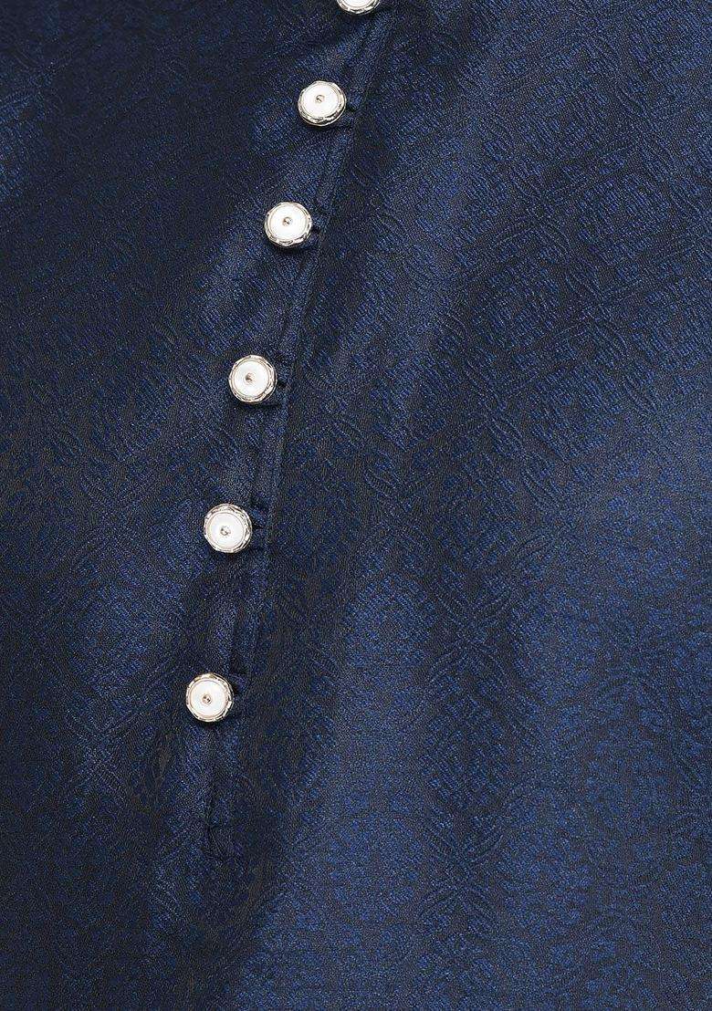 Navy Blue Woven Design Silk Blend Kurta Set For Men - Indya