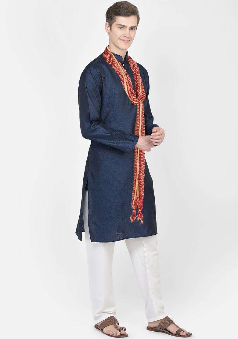 Navy Blue Woven Design Silk Blend Kurta Set For Men - Indya