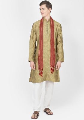 Green Woven Design Silk Blend Kurta Set For Men