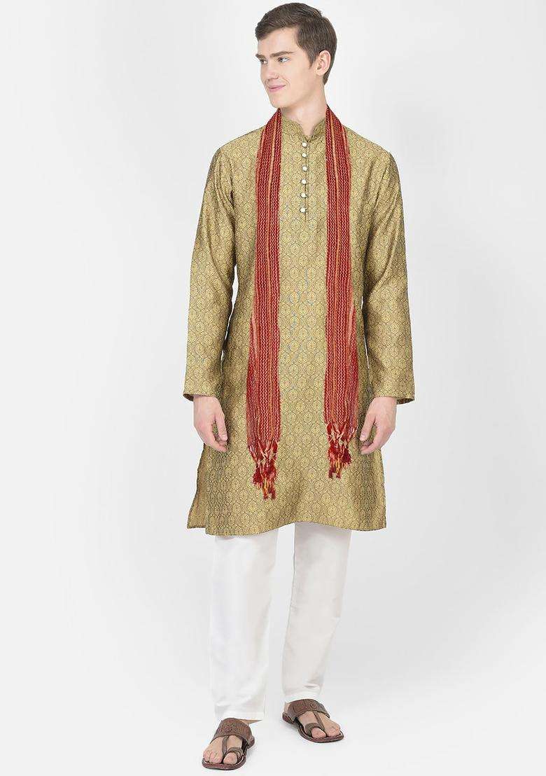 Green Woven Design Silk Blend Kurta Set For Men - Indya