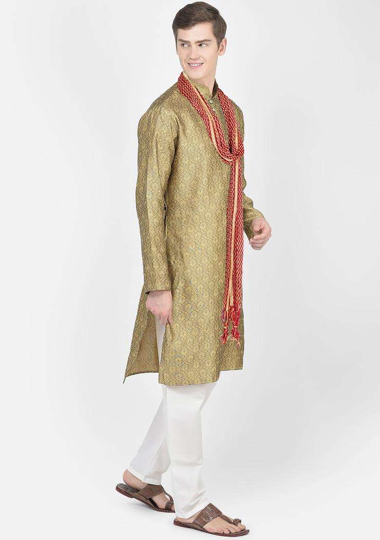 Green Woven Design Silk Blend Kurta Set For Men - Indya
