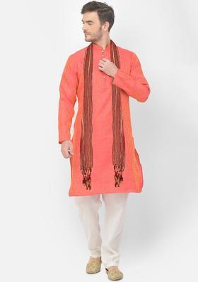 Pink Woven Design Silk Kurta Set For Men