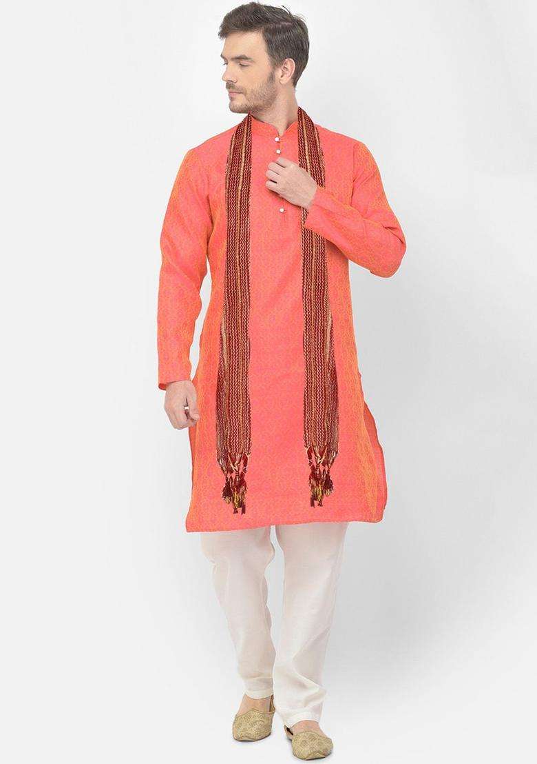Pink Woven Design Silk Blend Kurta Set For Men - Indya