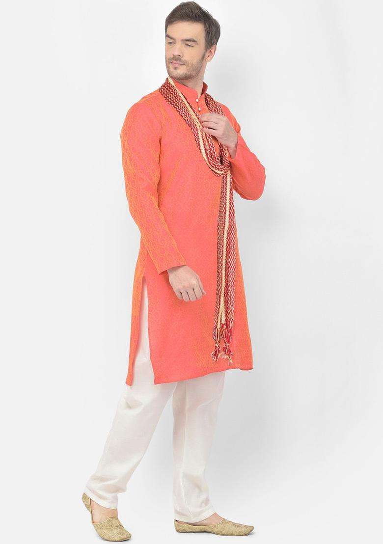 Pink Woven Design Silk Blend Kurta Set For Men - Indya