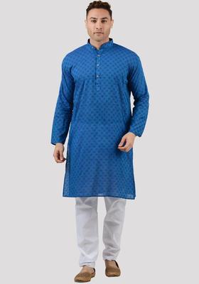 Blue Woven Design Cotton Kurta Set For Men