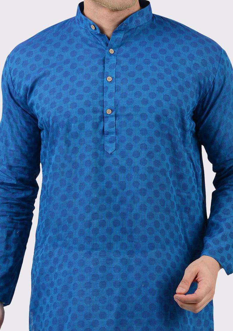 Blue Woven Design Cotton Kurta Set For Men - Indya