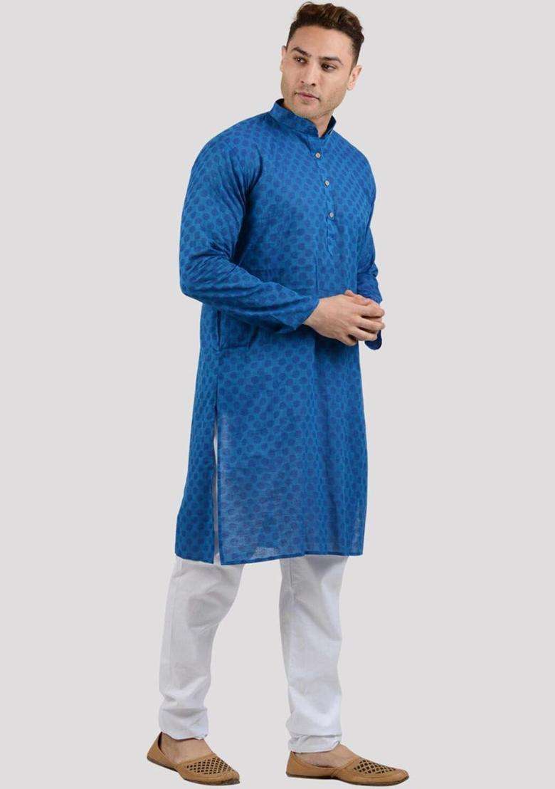 Blue Woven Design Cotton Kurta Set For Men - Indya