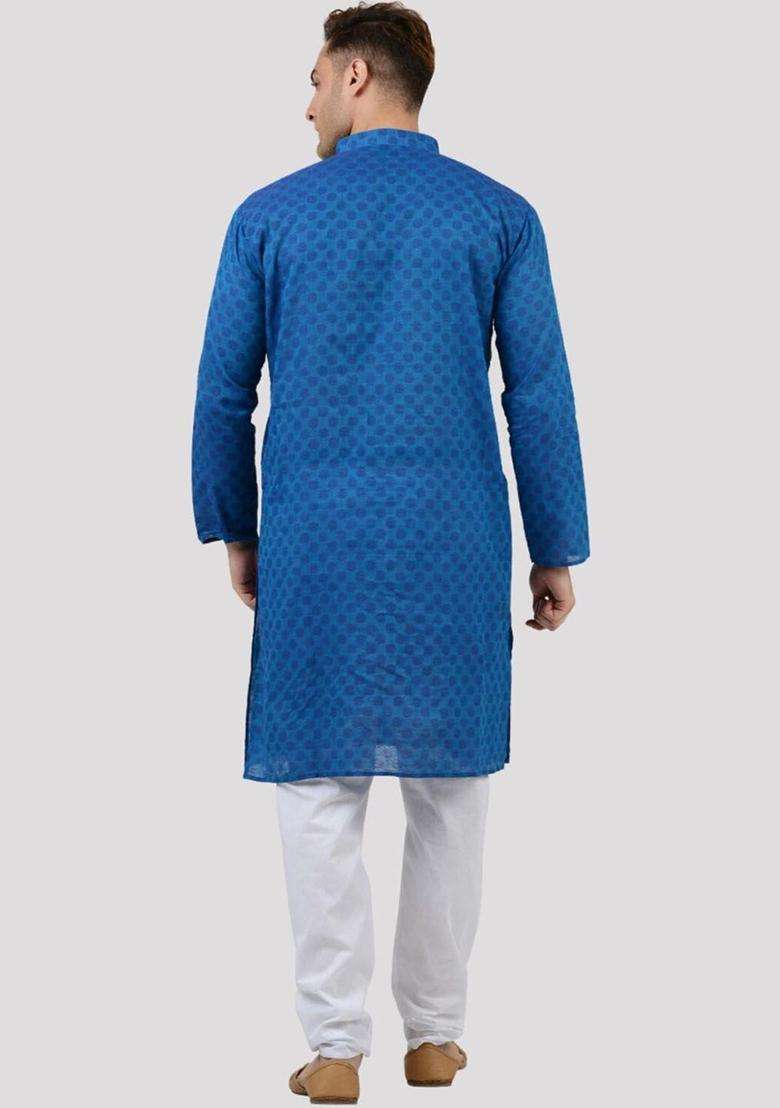 Blue Woven Design Cotton Kurta Set For Men - Indya