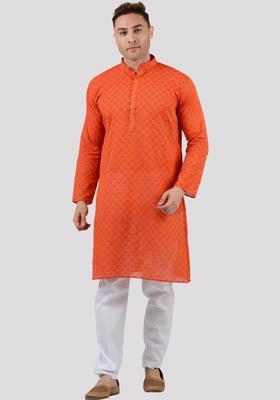 Orange Woven Design Cotton Kurta Set For Men