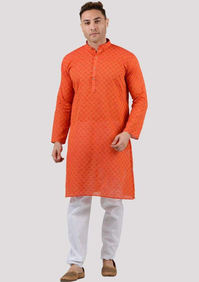Orange Woven Design Cotton Kurta Set For Men - Indya