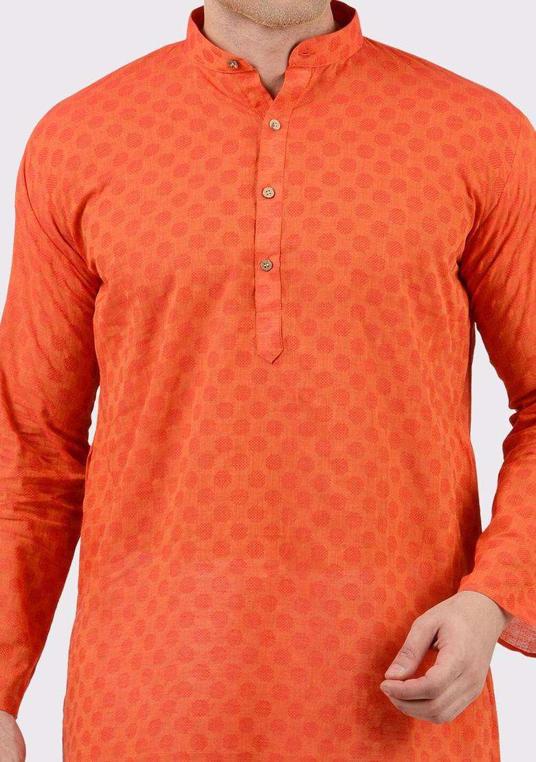 Orange Woven Design Cotton Kurta Set For Men - Indya