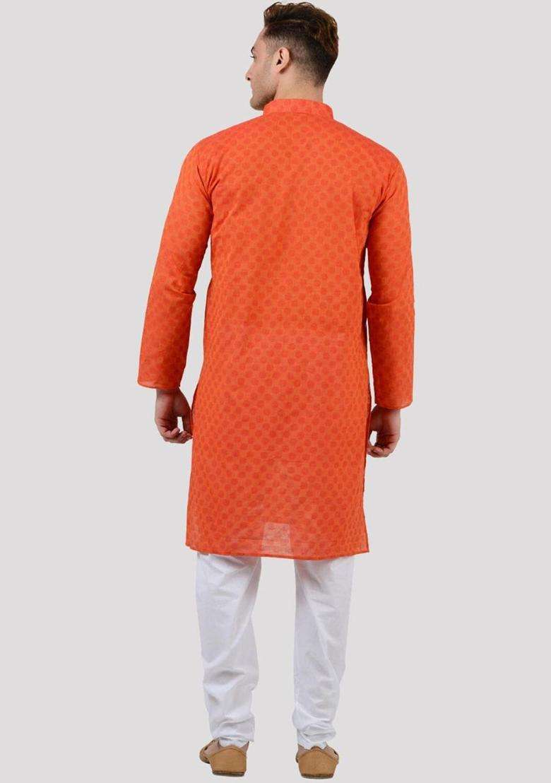 Orange Woven Design Cotton Kurta Set For Men - Indya