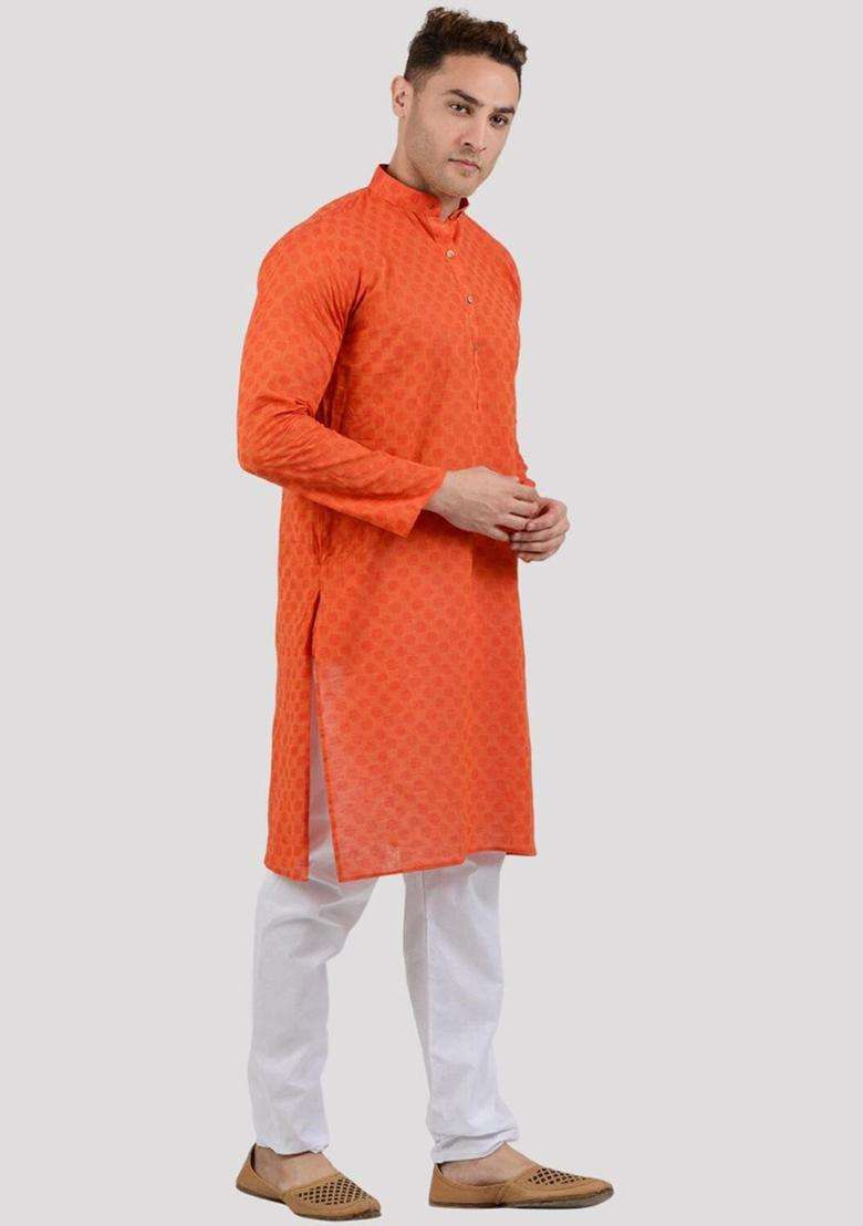 Orange Woven Design Cotton Kurta Set For Men - Indya