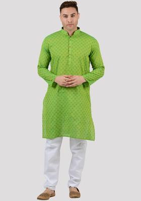 Green Woven Design Cotton Kurta Set For Men
