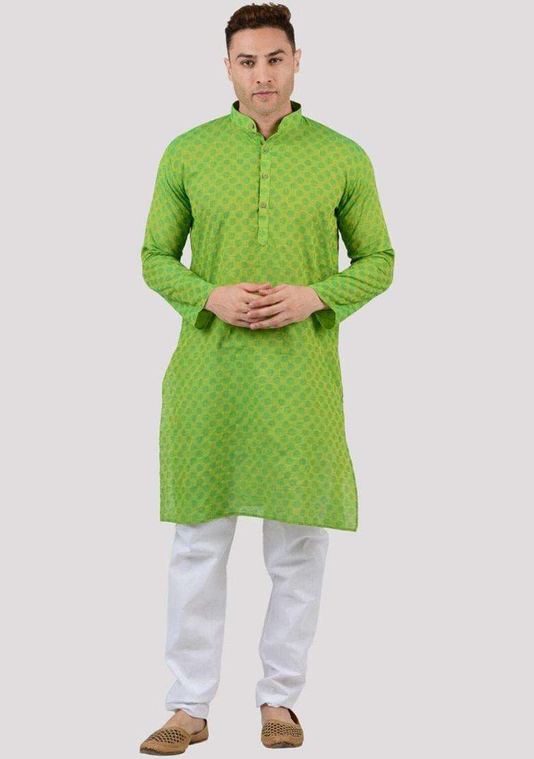 Green Woven Design Cotton Kurta Set For Men - Indya