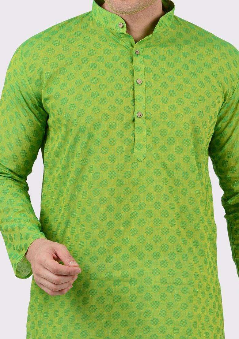 Green Woven Design Cotton Kurta Set For Men - Indya