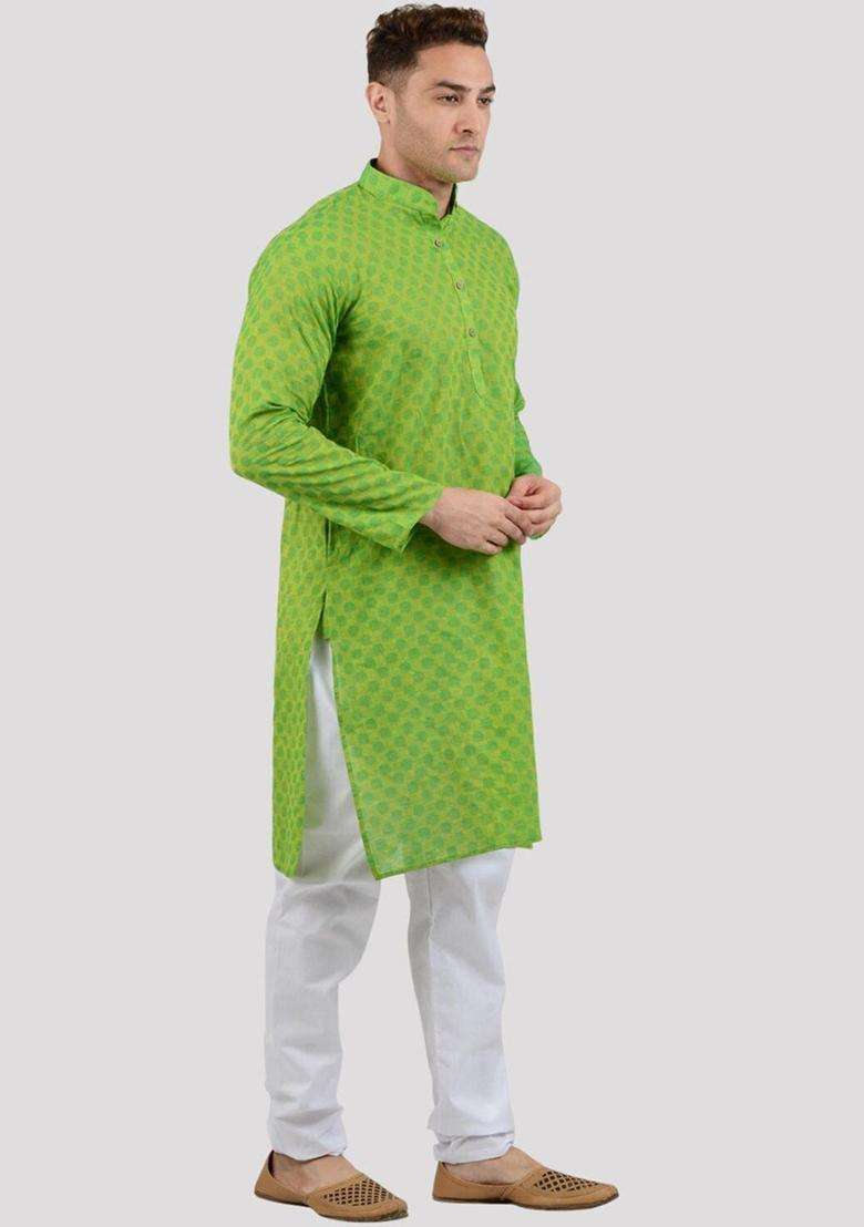 Green Woven Design Cotton Kurta Set For Men - Indya