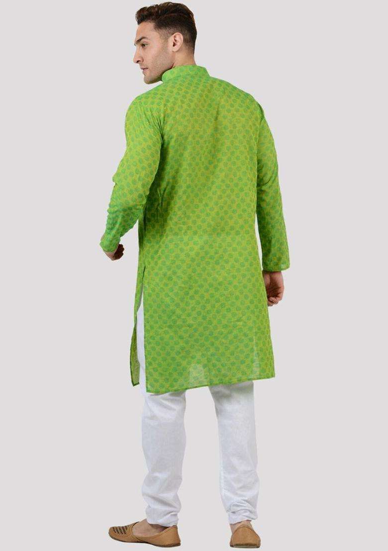 Green Woven Design Cotton Kurta Set For Men - Indya