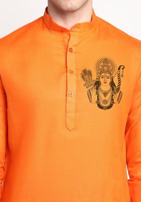 Orange Printed Cotton Kurta Set For Men